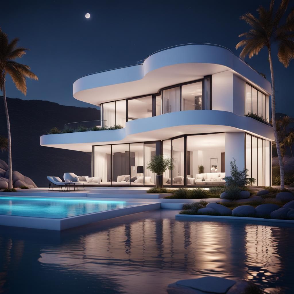 Modern Villa by the Sea: Detailed Matte Painting