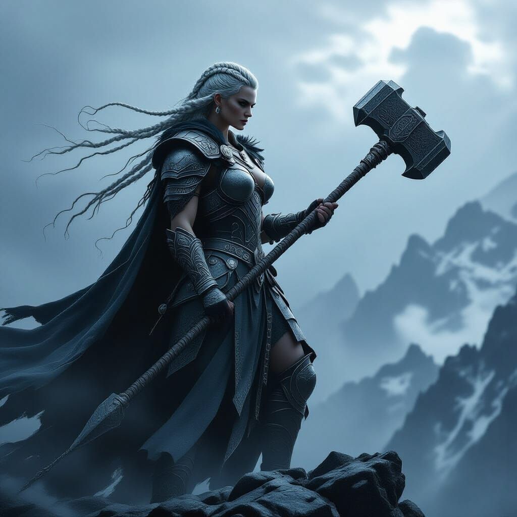 Battle Goddess on Windswept Peak in Norse Horror Style