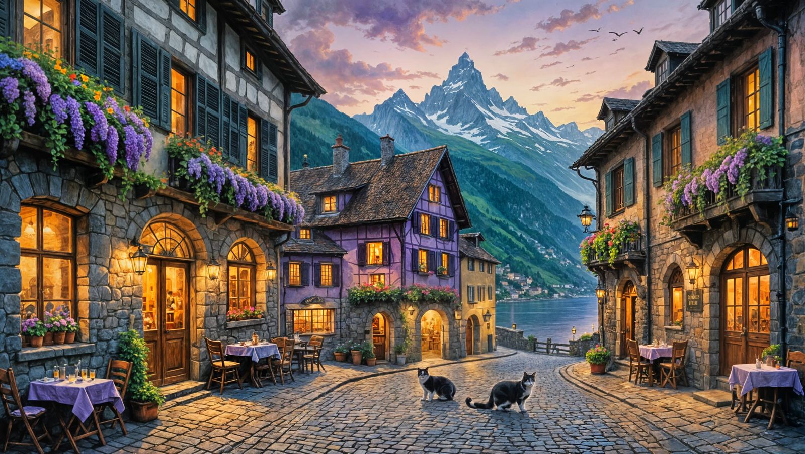 Picturesque Swiss Street Scene at Sunset