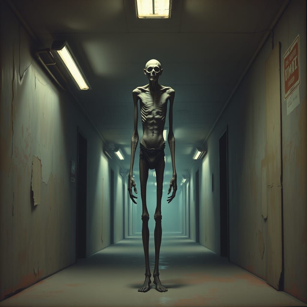 Surreal Figure Emerges from Creepy Industrial Corridor