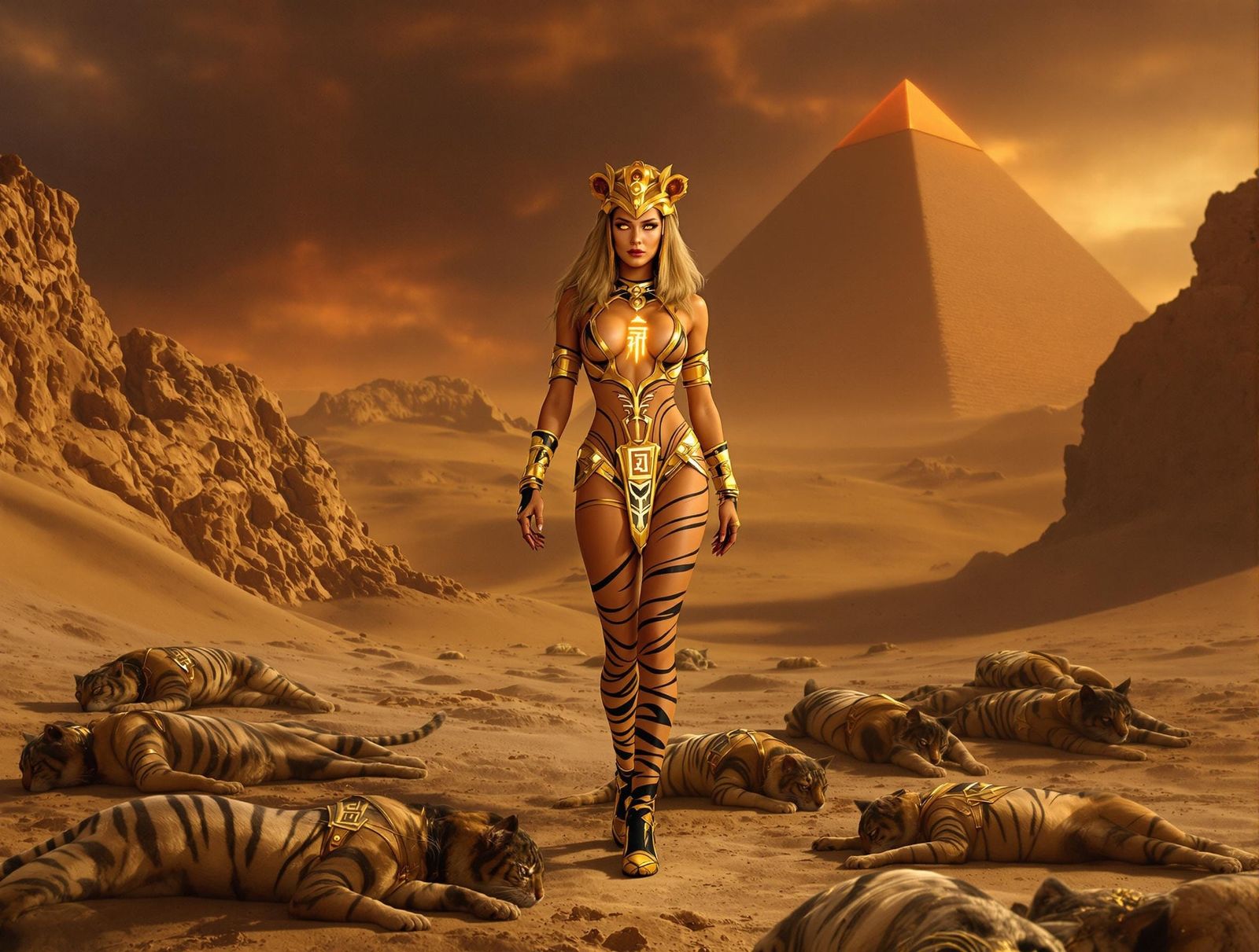 Egyptian Goddess Bastet Reigns in Futuristic Tiger-Striped A...