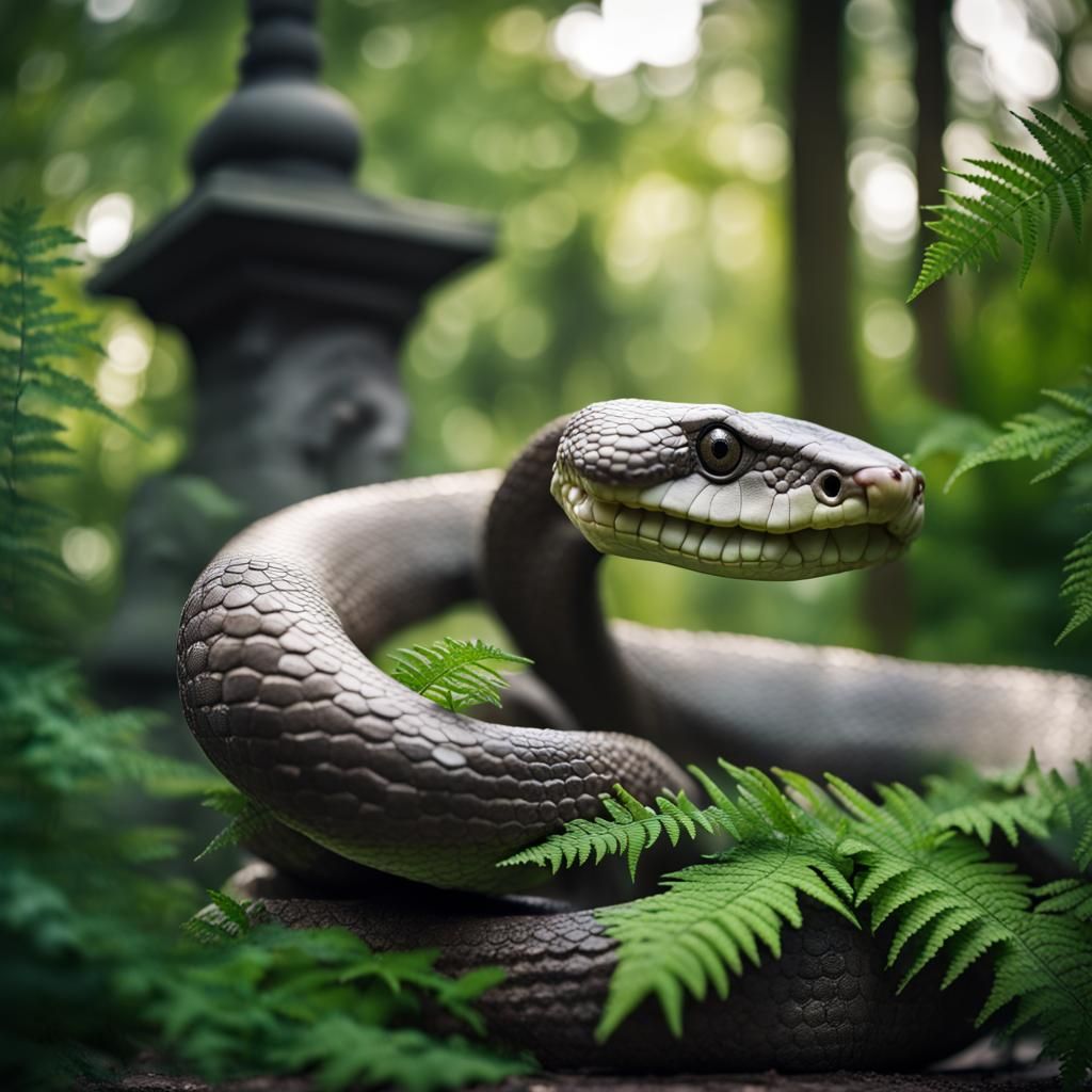 Ancient Fern-Covered Snake Statue in Forest