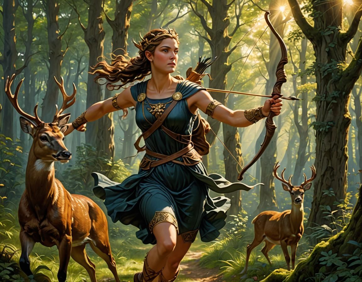 Artemis Running Through Forest with Deer