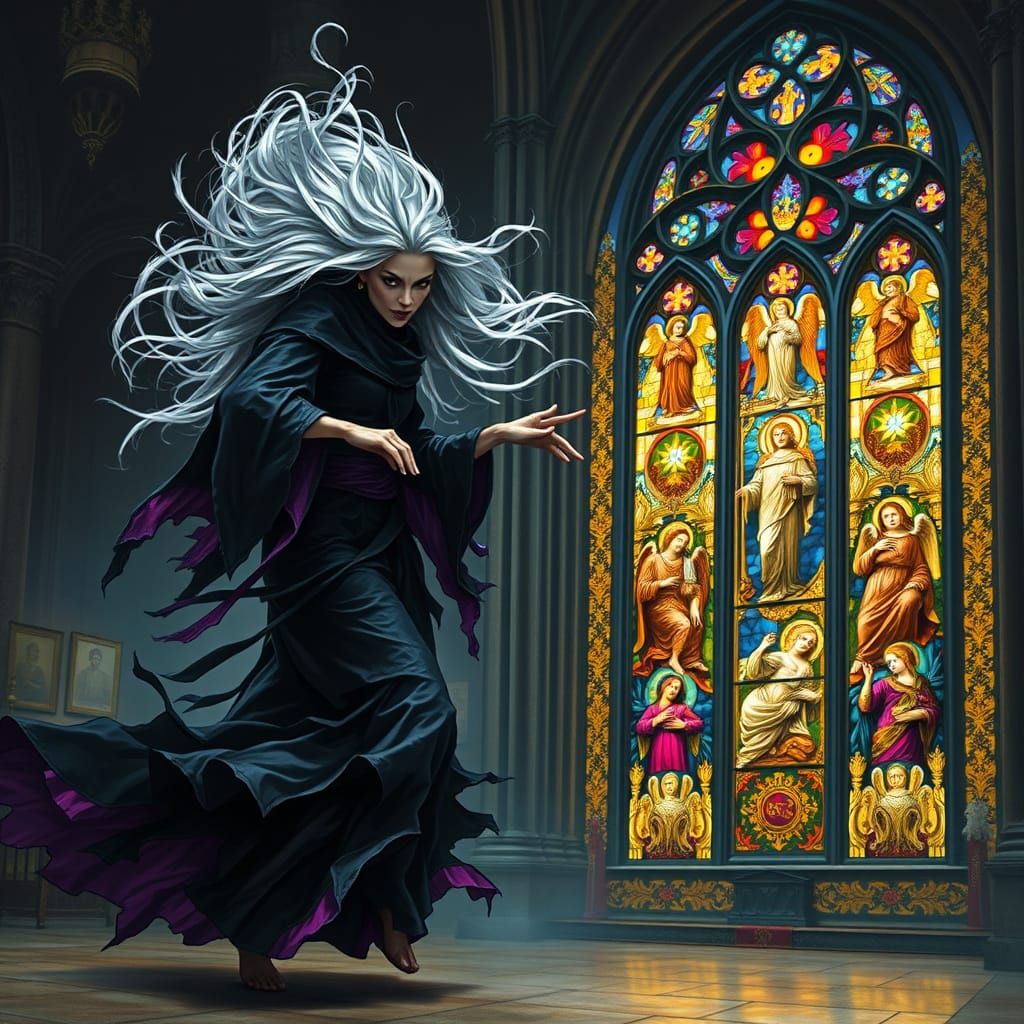 Mad Dancing Witch in Gothic Cathedral with Stained Glass Win...
