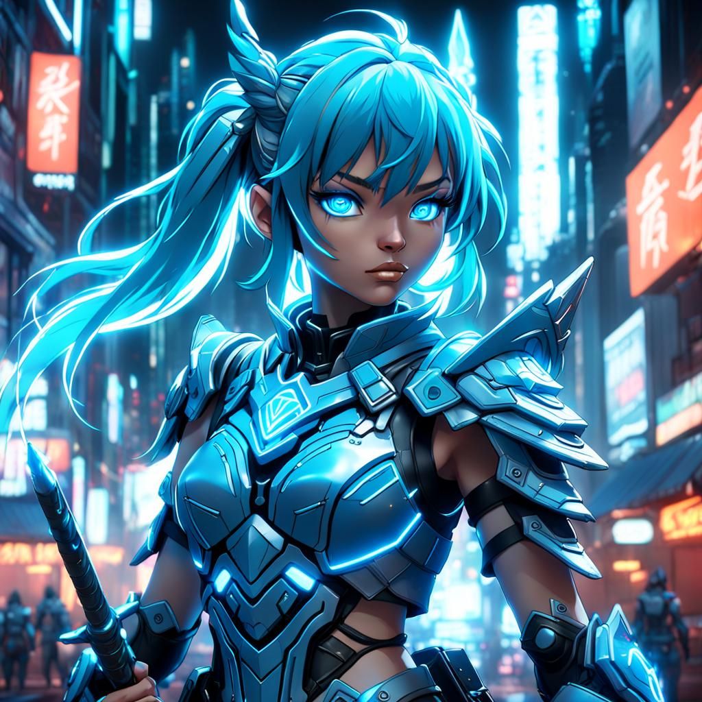 Anime Neon Warrior Girl in Detailed Matte Painting