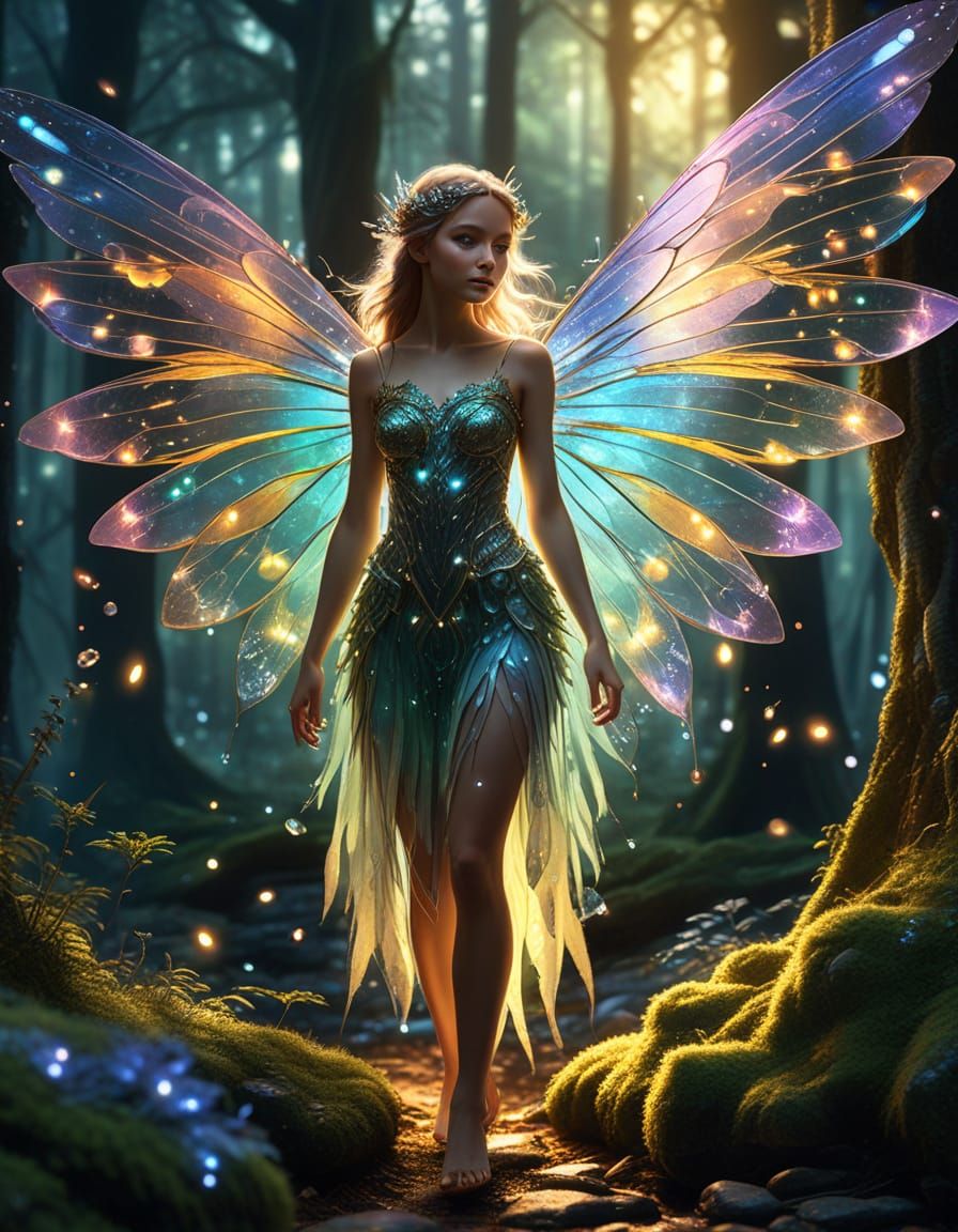 Fairy With Iridescent Wings in Ethereal Forest