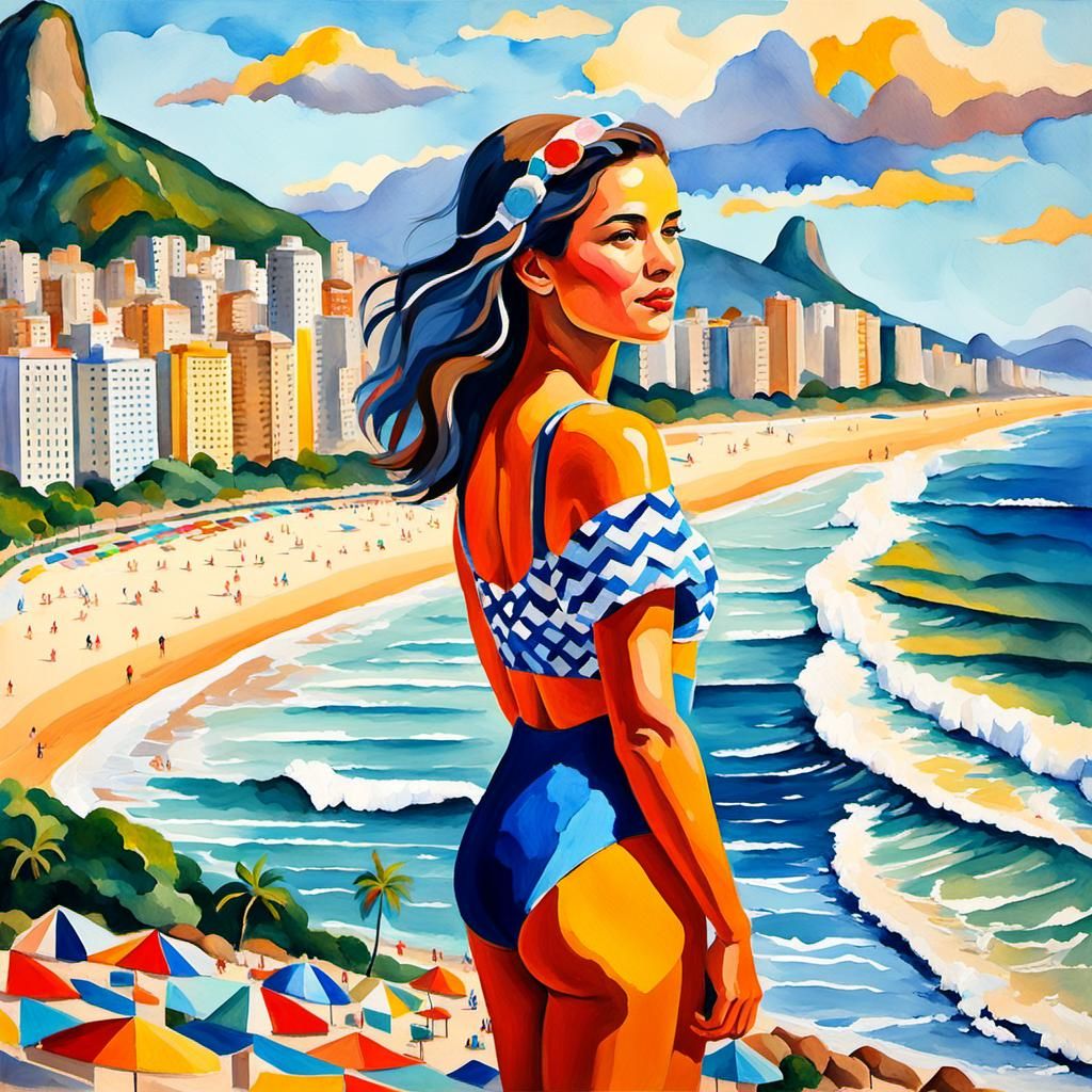 Copacabana Beach Scene in Gouache Style