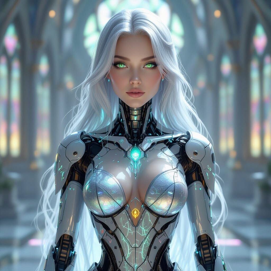 Ethereal Female Robot in Glass Gown