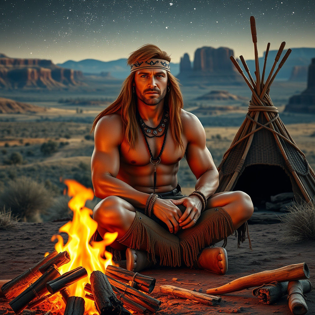 Rugged American Indian Warrior at Sunset Amidst the Far West