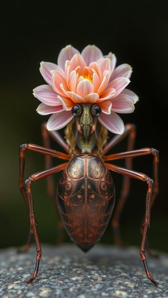 Mystical Six-Legged Insect Balancing Dahlia, Ethereal Detail...
