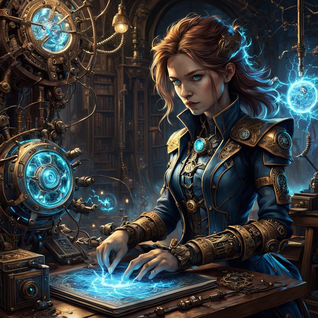 Aetherpunk Sorceress With Lightning & Intricate Machinery