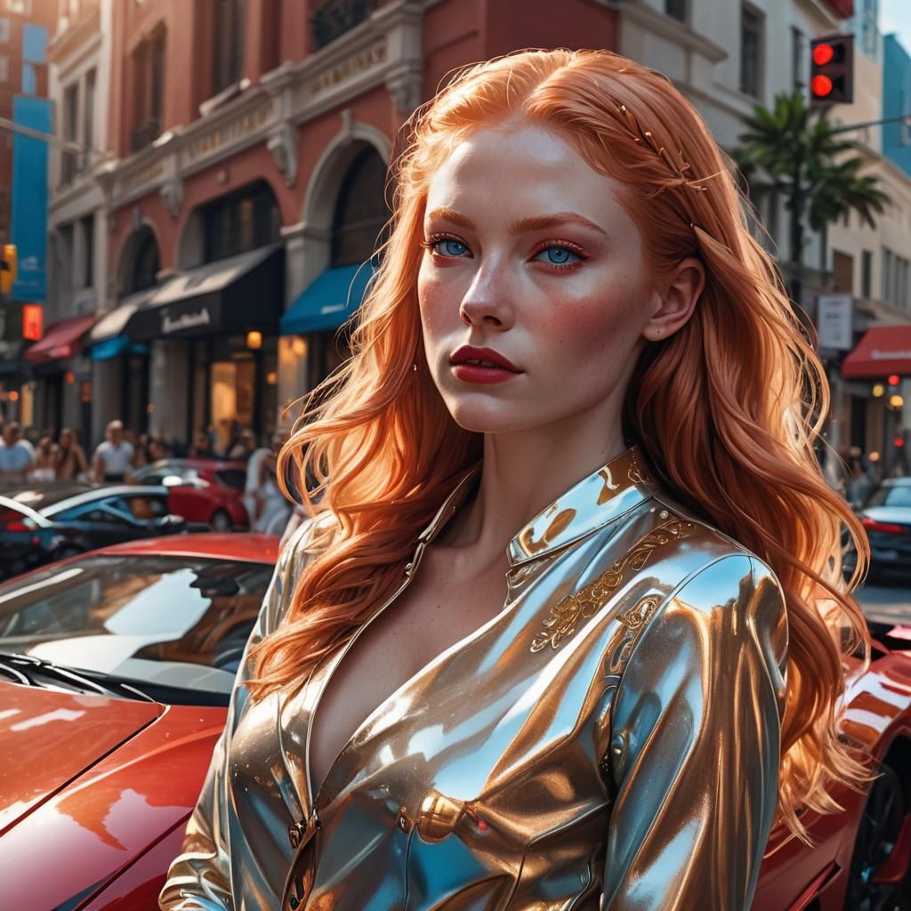 Albino Redhead Supermodel Poses With Red Lamborghini