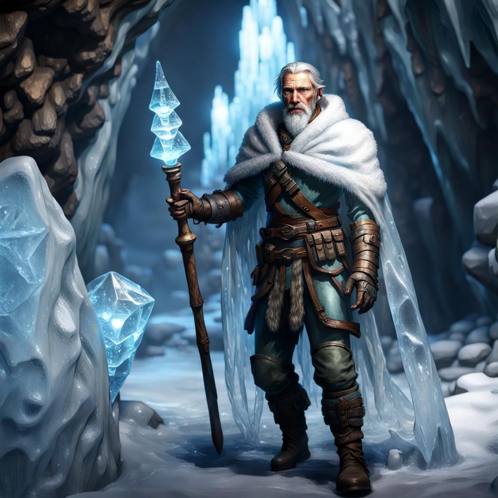 Icy Adventurer in Cave, Hyperrealistic 8K