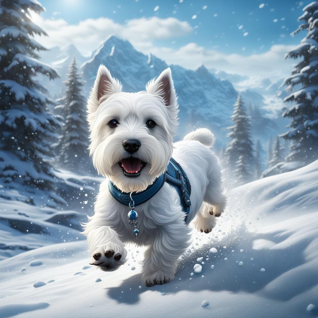 Westie Dog Romping in Sparkling Winter Snow