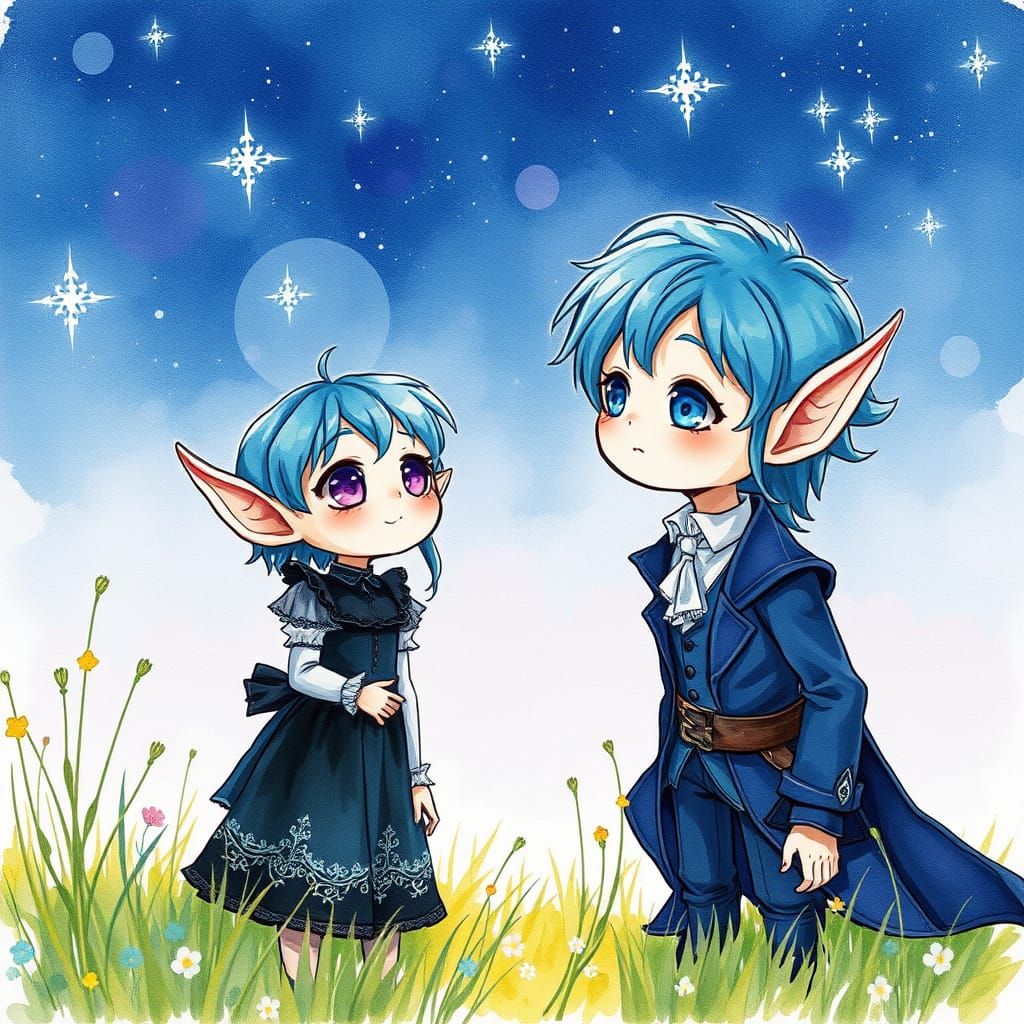 Elf Siblings Stargazing in Watercolor Style