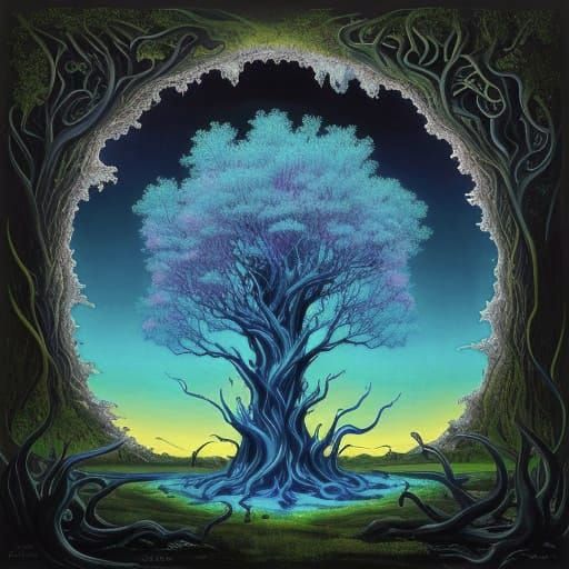 Bioluminescent Hydra-Tree Hybrid in Surreal Alien Landscape