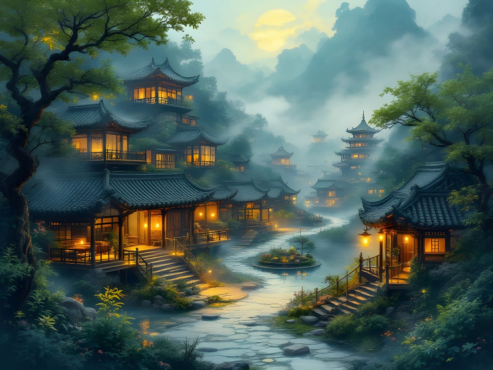 Medieval Fantasy Village in Vibrant, Dreamlike Asian Setting