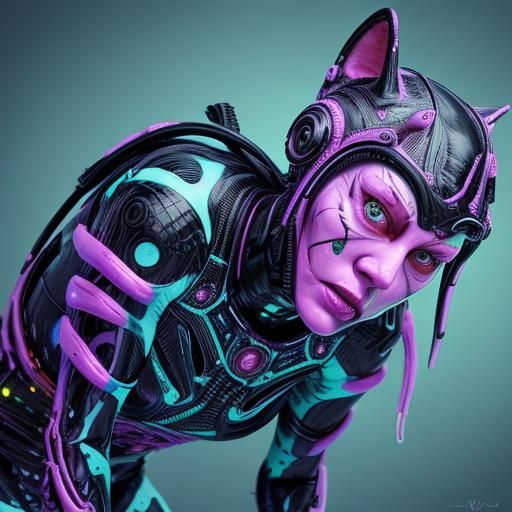 Cat Cyborg Woman in Hyperrealistic Splash Art