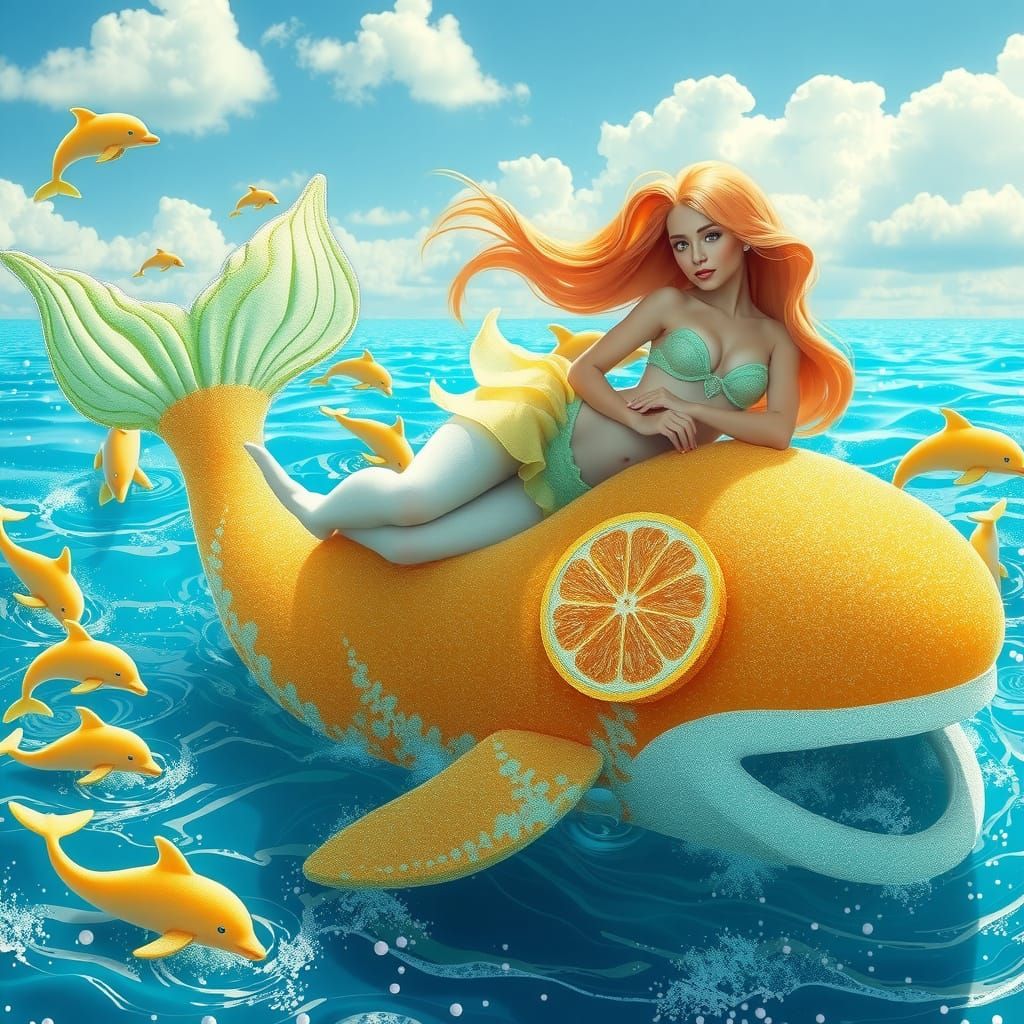 Mermaid Lounging on Gummy Whale in Dreamlike Style