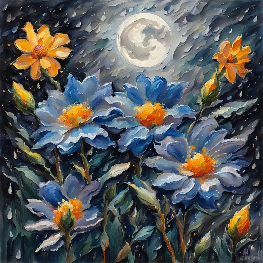 Night Bloom Flowers in Rainy Silver Moonlight