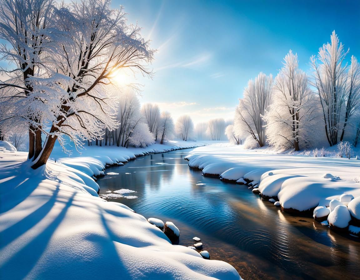 Winter River Landscape in Photorealistic Fantasy Style