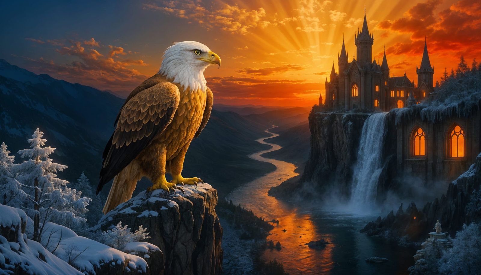 Majestic Golden Eagle Overlooks Gothic Castle in Dual Lighti...
