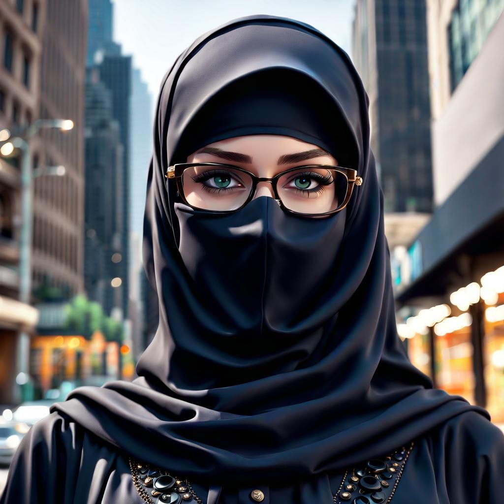 Beautiful Niqabi Woman in Cityscape, Hyperdetailed Portrait