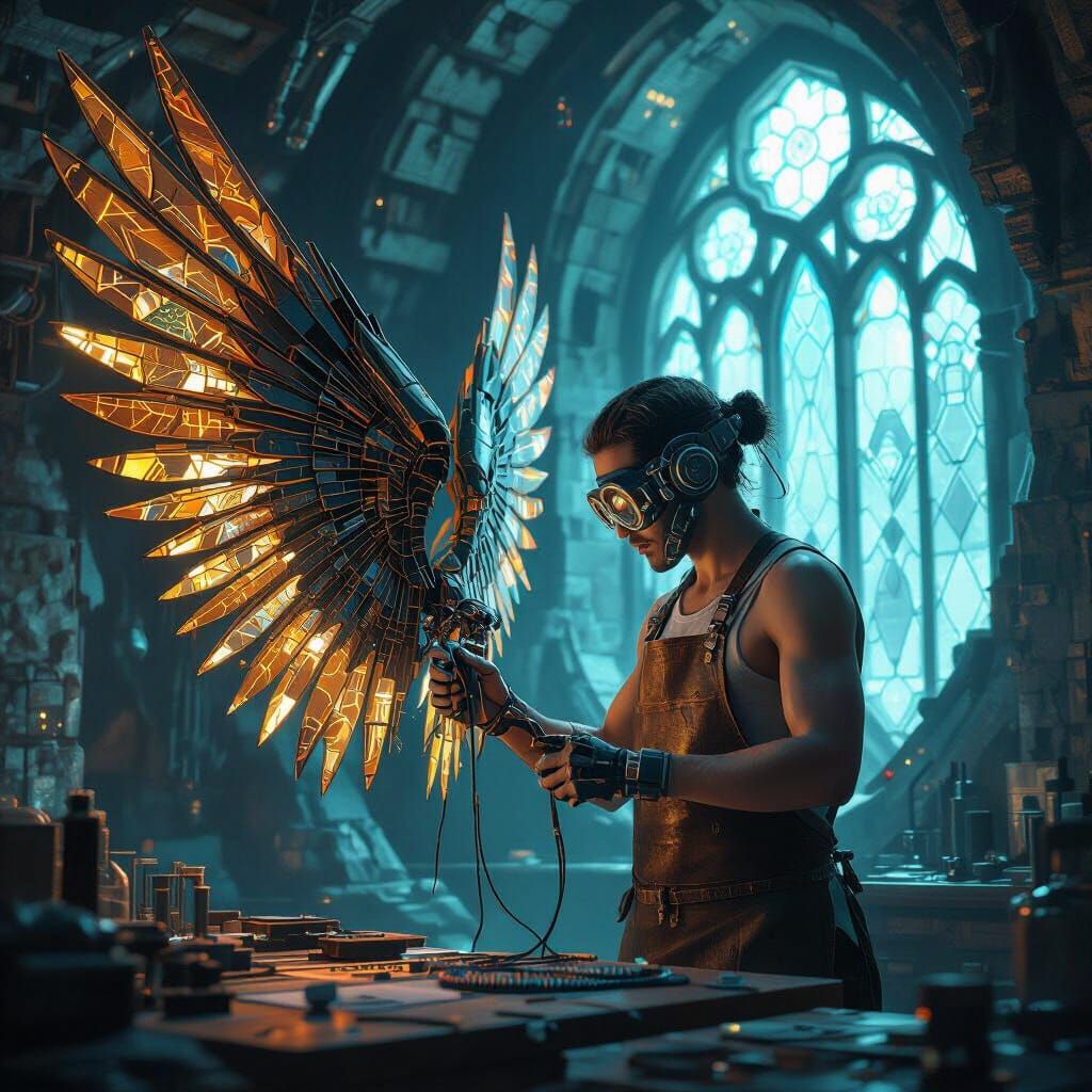 Cybernetic Artisan Crafting Wings in Neon Dystopia