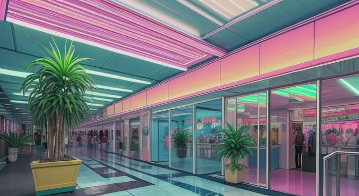 Neon 80s Mall Dreamscape in Retrofuturistic Style