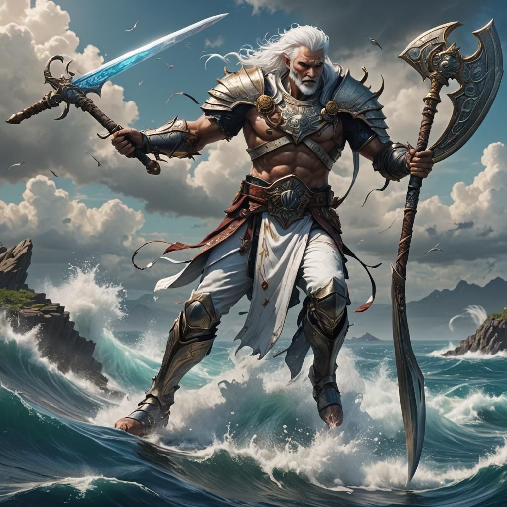 Ocean God with Water Sword, Detailed Digital Art