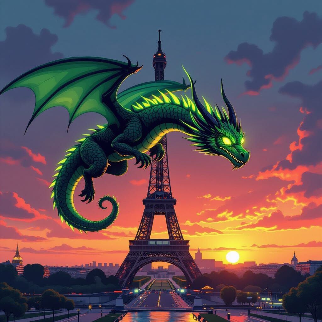Neon Dragon Soaring Over Paris in Retro-Futuristic Style