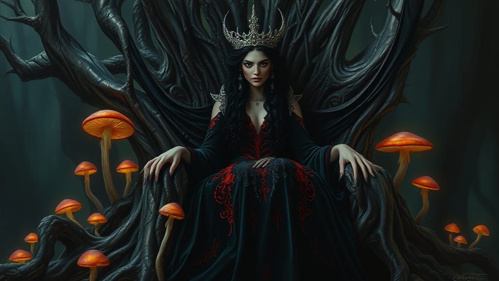 Lilith, Queen of Darkness, on Forest Throne as Oil Painting
