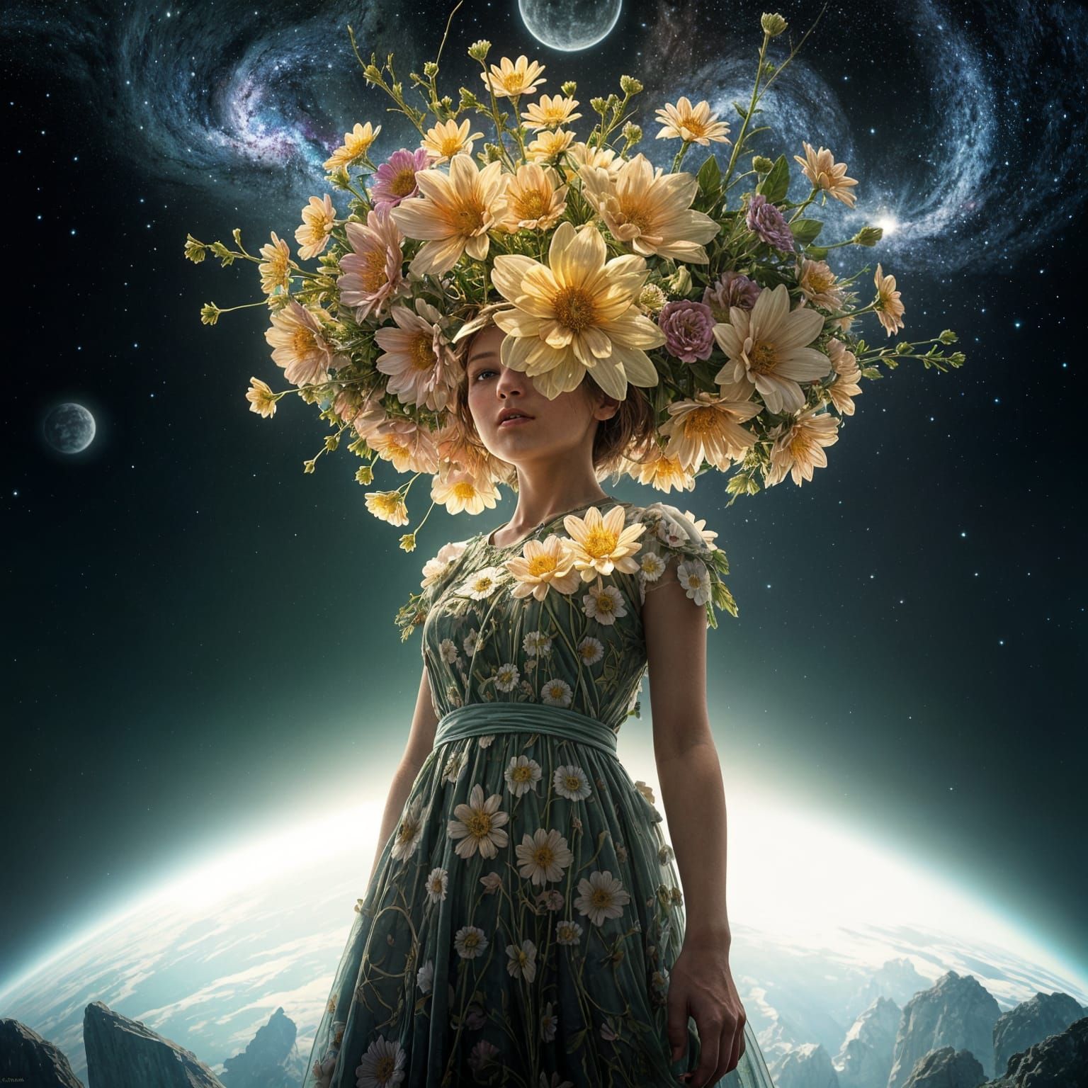 Girl on Alien World with Flowers, Dark Fantasy Art