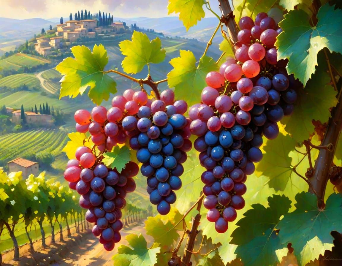 Vibrant Tuscany Valley Landscape with Juicy Grapes and Viney...