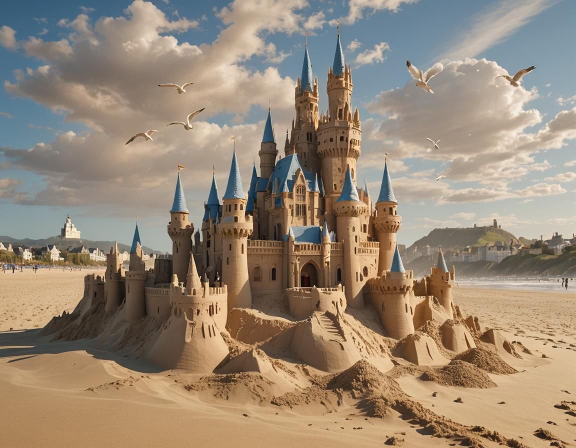 Detailed Sandcastle on Sunny Beach, Low Angle