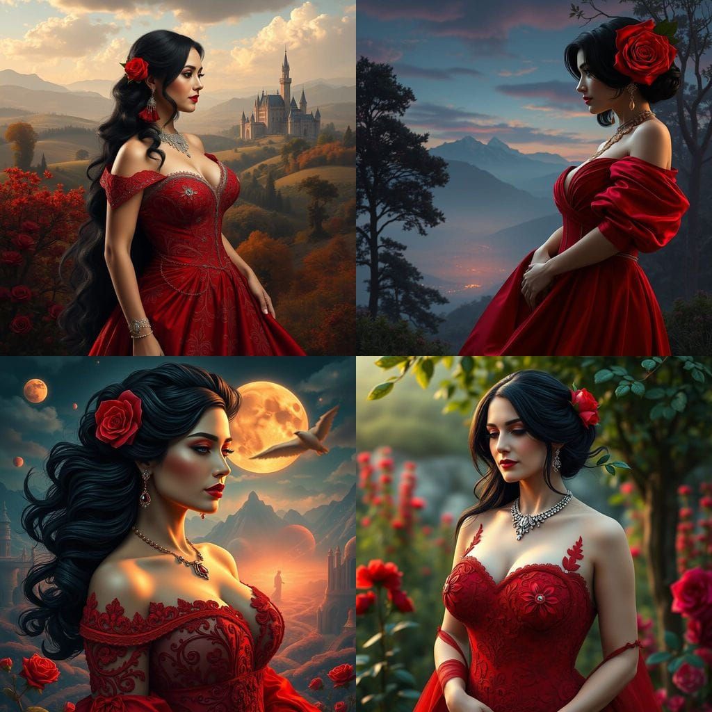 Matte Painting of a Refined Woman in a Vibrant Red Gown