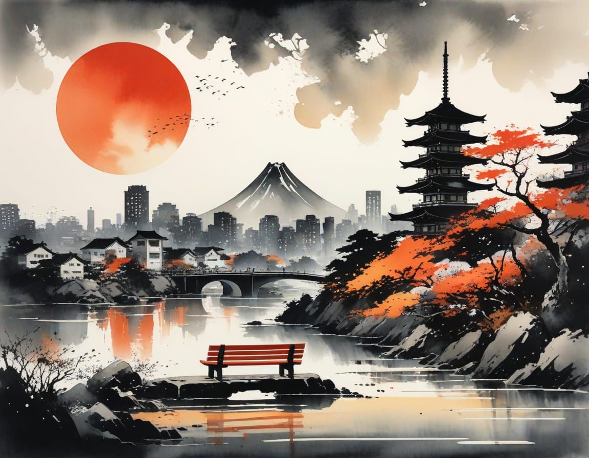 Surreal City Bench in Vibrant Watercolor