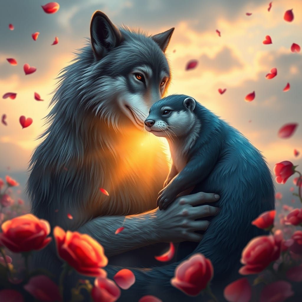 Majestic Wolf and Otter in Whimsical Valentine's Day Embrace
