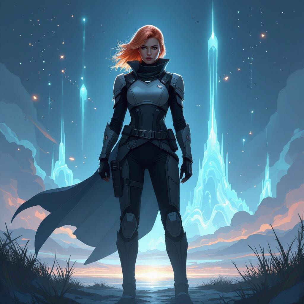 Heroic Figure in Ethereal Sci-Fi Landscape