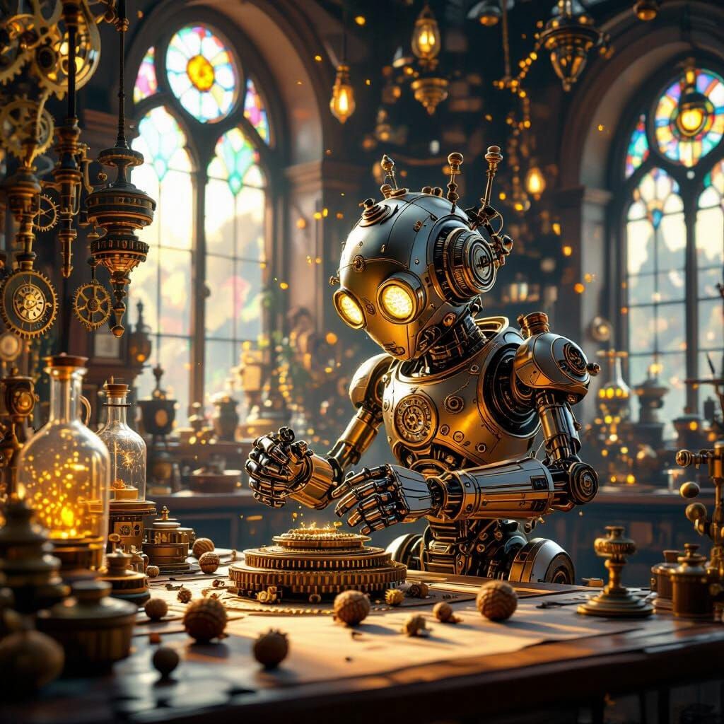 Steampunk Robot Crafts Clockwork Acorns in Fantastical Works...