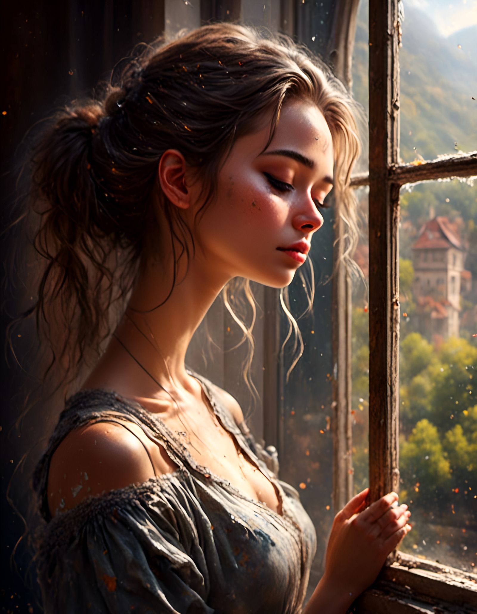 Beautiful Woman Gazing Through Window in Graffiti Style