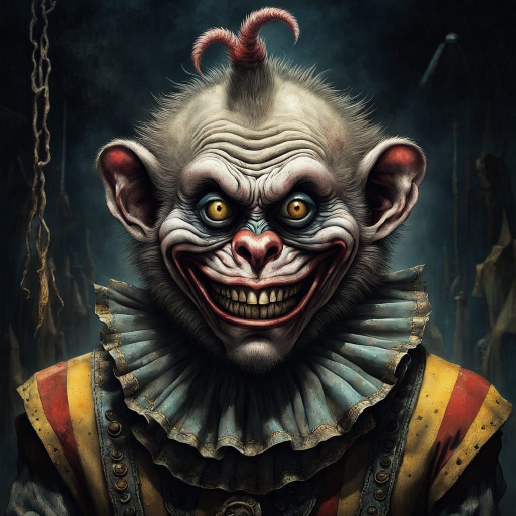 Dark Gothic Circus Clown with Grotesque Monkey Features