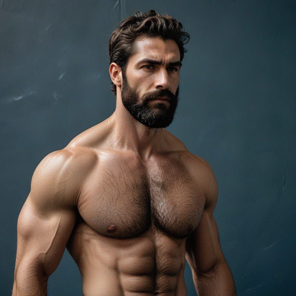 Strong Man Confidently Stands in Soft Light