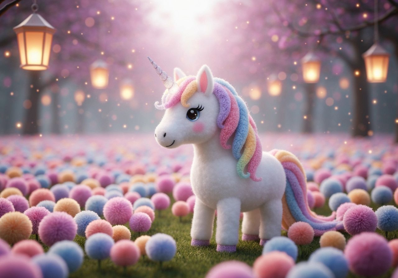 Magical Pom Pom Unicorn in a Pastel Meadow