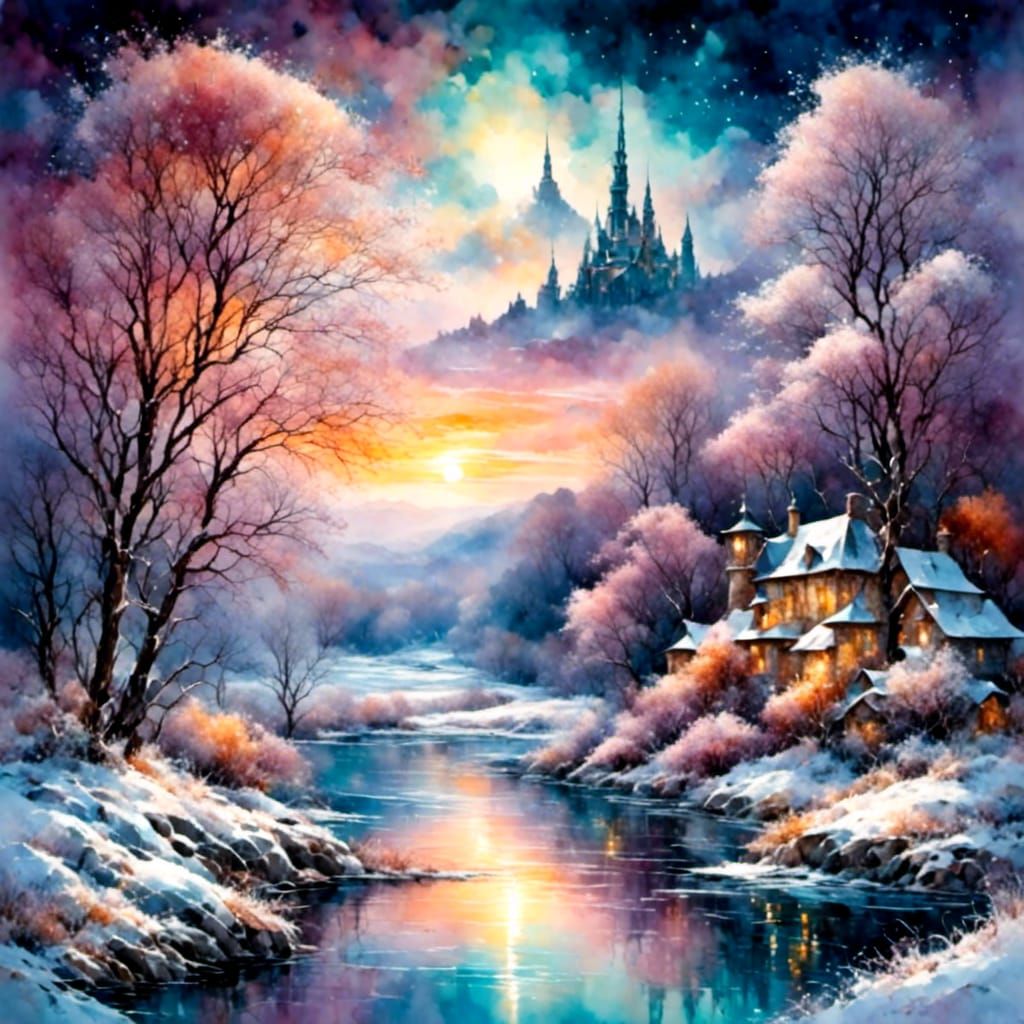 Winter Riverscape at Night in Watercolor Style