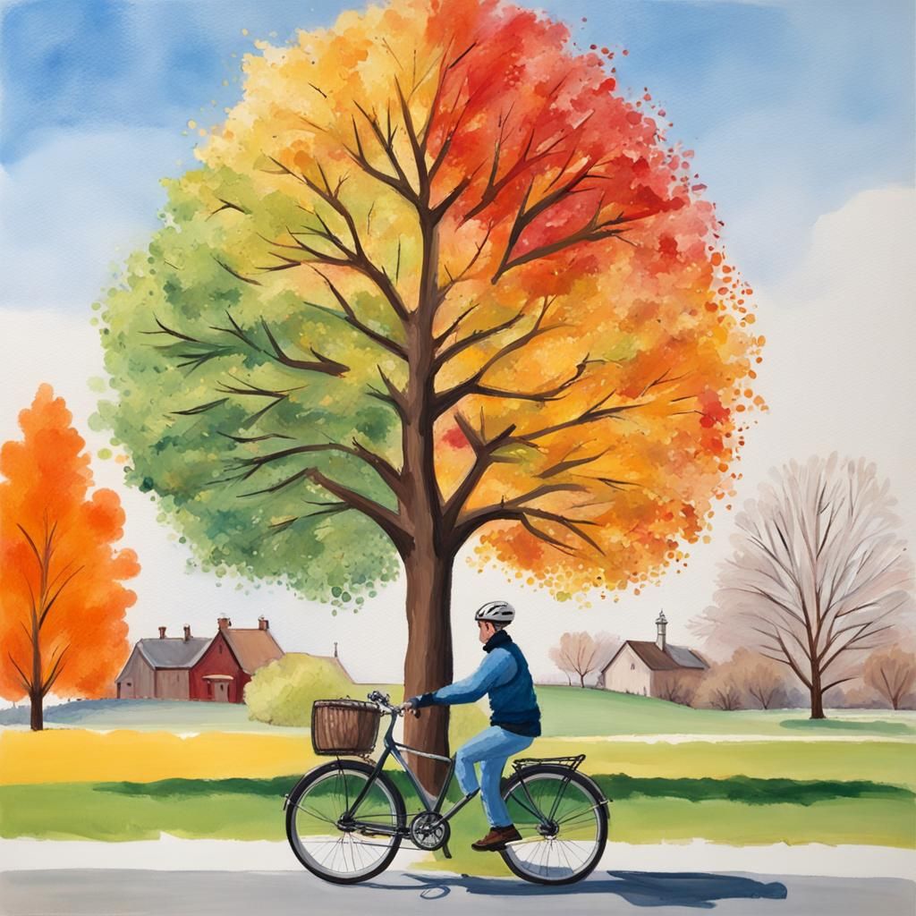 Four Seasons Tree with Bicycle: Gouache Style