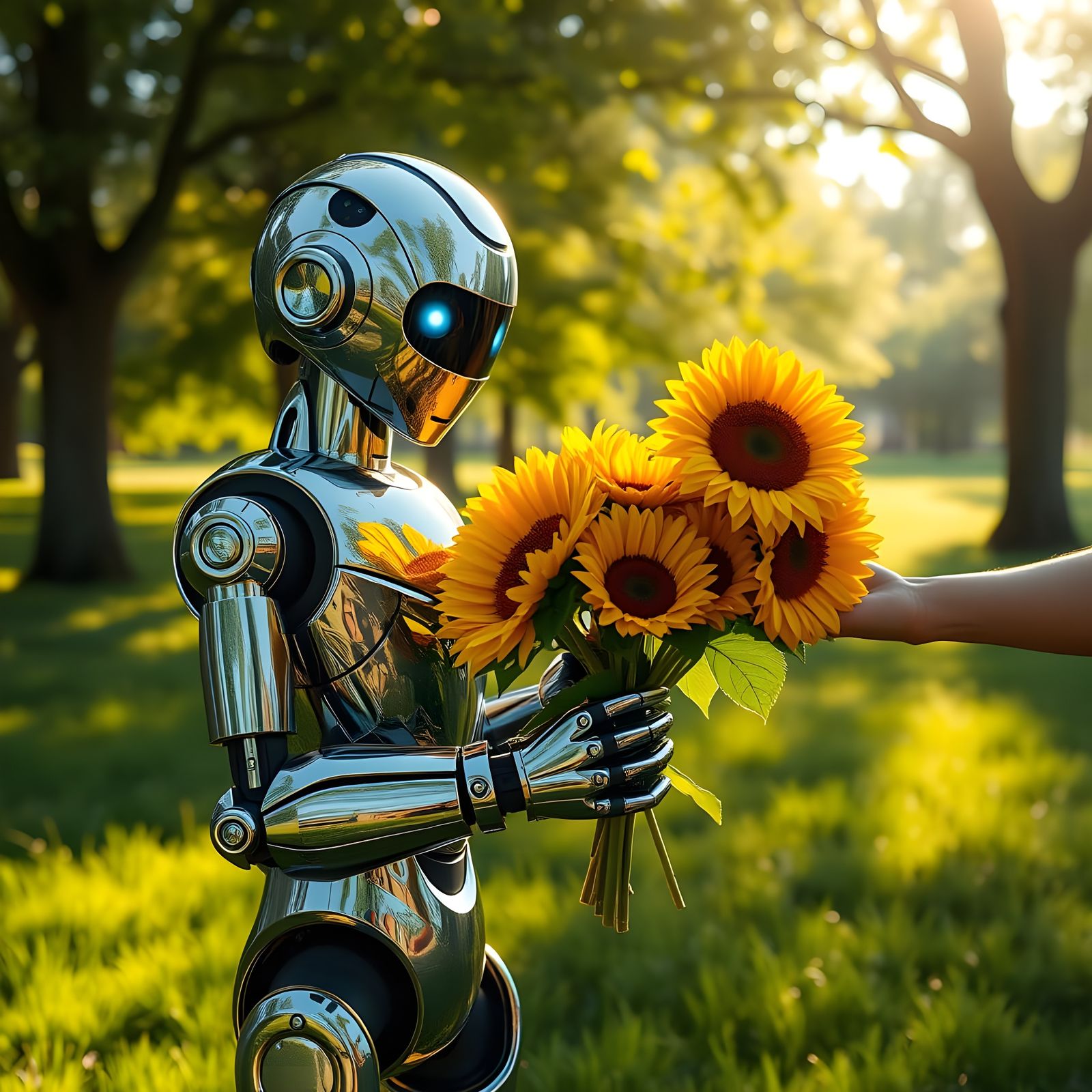 Robot Offers Flowers to Human Friend