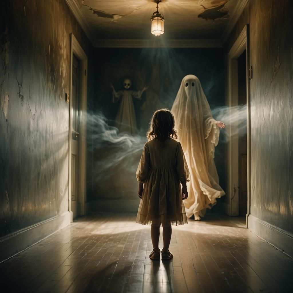 Ethereal Encounter: Girl and Ghost in Dreamy Surrealism