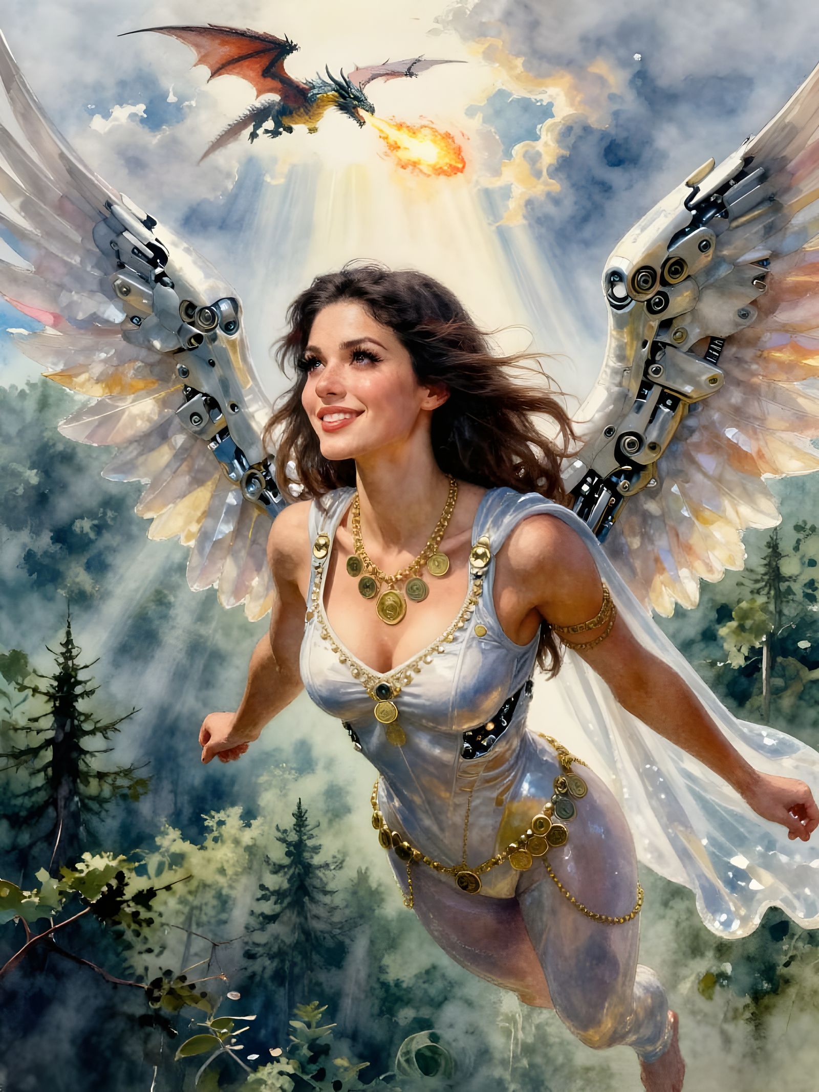 Mechanical Angel in Sargent Watercolor Style