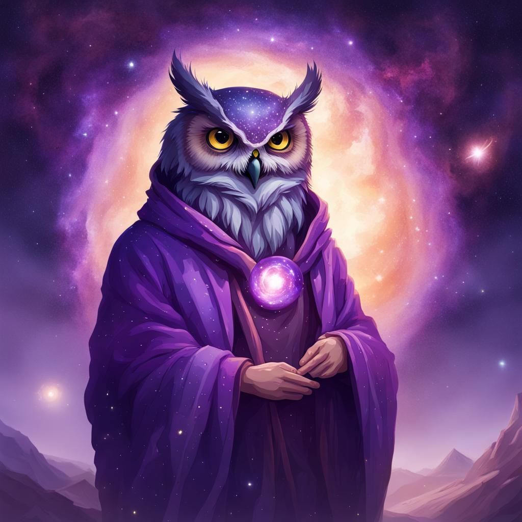 Warm Owl God of Wizards with Galaxy Robe